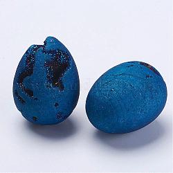 Electroplate Natural Druzy Geode Quartz Beads, Gemstone Home Display Decorations, No Hole/Undrilled, Egg Stone, Blue Plated, 41x29mm