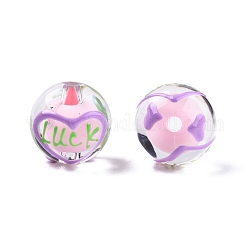 Perle di smalto acrilico trasparente, perline in perline, rotondo con il cuore e la parola fortuna, perla rosa, 14~15x13mm, Foro: 2 mm