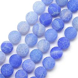 Chapelets de perle en agate patinée naturelle, mat, teinte, ronde, bleu royal, 7.5~8mm, Trou: 1.2~1.4mm, Environ 49 pcs/chapelet, 15.5 pouce