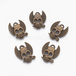 Tibetan Style Alloy Skull with Wing and Rose Pendants, Lead Free & Nickel Free, Antique Bronze, 24.5x20x4mm, Hole: 2.5mm, about 370pcs/1000g