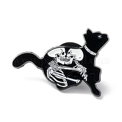 Katze mit Skelett-Emailnadel, Halloween-Legierungsbrosche für Rucksackkleidung, Elektrophorese schwarz, weiß, 20x29x1.5 mm