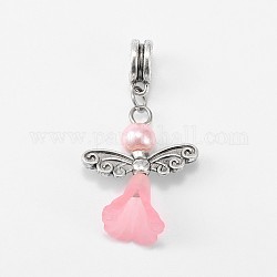Lovely Wedding Dress Angel Alloy European Dangle  Large Hole Pendants, with Glass Pearl Beads and Transparent Acrylic Beads, Pink, 38mm, Hole: 5mm