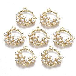 Colgantes de la aleación, con abs de plástico imitación perla, anillo con la flor, la luz de oro, 22.5x21.5x4.5mm, agujero: 1.8 mm