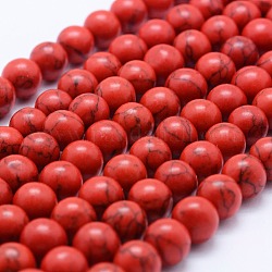 Kunsttürkisfarbenen Perlen Stränge, Runde, rot, 6~6.5 mm, Bohrung: 1 mm, ca. 64 Stk. / Strang, 15.3 Zoll (39 cm)