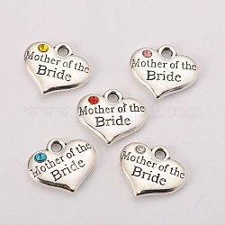 Wedding Theme Antique Silver Tone Tibetan Style Alloy Heart with Mother of the Bride Rhinestone Charms, Mixed Color, 14x16x3mm, Hole: 2mm