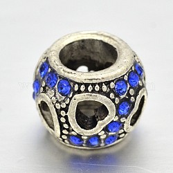 Filigrane Herzen Unterlegscheibe Legierung Rhinestone European Beads, Großloch perlen, Saphir, 10.5x8 mm, Bohrung: 5 mm