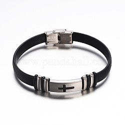 Bracelets de cordon en cuir PU de bioux couleur noir, avec accessoires en 304 acier inoxydable et bracelet-montre avec boucle déployante, croix, couleur inoxydable, 230x10mm