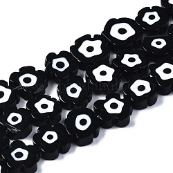 Chapelets de perles vernissées manuelles, fleur avec le mauvais œil, noir, 7~9x7~9x3mm, Trou: 0.8mm, Environ 50~52 pcs/chapelet, 14.57 pouce ~ 15.35 pouces (37~39 cm)