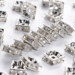 Abalorios de latón Diamante de imitación espaciador, Grado A, sin níquel, color del metal platino, cuadrado, cristal, 8x8x4mm, agujero: 1 mm