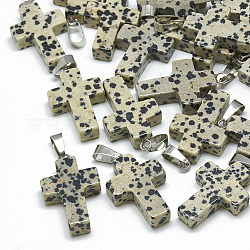 Dalmatiner Jaspis Anhänger Natur, mit Schnappverschlüssen aus Edelstahl, Kreuz, 29~30x18~19x5~6 mm, Bohrung: 6x4 mm