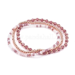 3pcs 3 styles ensembles de bracelets en perles extensibles, avec des perles de verre et des perles de laiton plaquées or rose, rondelle et rond, couleur mixte, 2-1/4 pouce (5.6~5.8 cm), 1pc / style