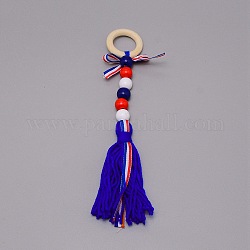 Tema del giorno dell'indipendenza anello in legno e decorazioni ciondolo nappe di filato di lana, con perline in legno, blu scuro, 260mm