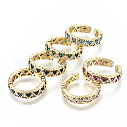 Micro allanar anillos de latón manguito de óxido de circonio cúbico, anillos abiertos, real 18k chapado en oro, sin níquel, corazón, color mezclado, diámetro interior: 18 mm