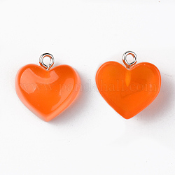 Transparent Resin Pendants, with Platinum Tone Iron Loop, Heart, Orange, 16.5x17x9.5mm, Hole: 1.8mm