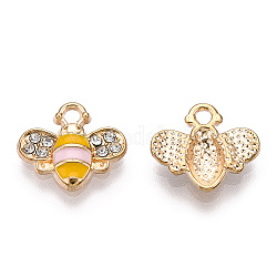 Encantos de esmalte de aleación de oro plateado, con diamante de imitación, encanto de abeja, rosa brumosa, 12.5x14.5x2.5mm, agujero: 1.8 mm