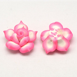 Handmade Polymer Clay 3D Flower Lotus Beads, Hot Pink, 35~36x15mm, Hole: 2mm