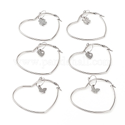 Set di orecchini a cerchio in acciaio inossidabile, con rhinestone di cristallo, cuore & trifoglio & farfalla, colore acciaio inossidabile, 88.5x53x2mm, ago :0.8mm, 3 coppie / set
