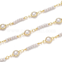 Handmade Brass Chains, with Acrylic Imitation Pearl and Spool, Long-Lasting Plated, Soldered, Golden, Links: 12.5x6.7x4mm and 20.6x3mm