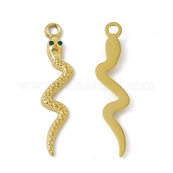 Vacuum Plating 201 Stainless Steel Pendants, Emerald Rhinestone Snake Charms, Real 18K Gold Plated, 39x8.5x2mm, Hole: 2.4mm