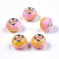 Backen von bemalten Glas europäischen Perlen, großes Loch Rondell Perlen, mit Platin-Ton Messing Doppeladern, Ton zwei, facettiert, Perle rosa, 14x10.5 mm, Bohrung: 5 mm
