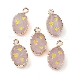 Ciondoli quazo rosa naturale, ciondoli ovali in ottone placcato oro con cuore, 17.5x10.5x5mm, Foro: 1.6 mm