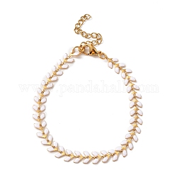 Bracelet chaînes à maillons épis de blé en émail, placage sous vide 304 bijoux en acier inoxydable pour femmes, blanc, 6-7/8 pouce (17.6 cm)