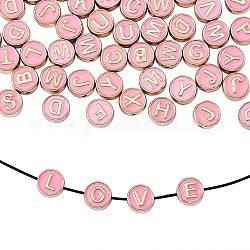 Perles d'émail en alliage, plat rond avec la lettre, or clair, rose, 8x3.5mm, Trou: 1.4mm, 50 pcs / boîte