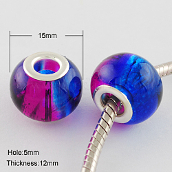Peint à la bombe deux perles en verre européennes de tonalité, avec des noyaux de cuivre, Perles avec un grand trou   , rondelle, couleur argentée, bleu, 15x12mm, Trou: 5mm