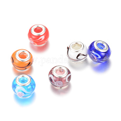 Rondelle Lampwork Large Hole European Beads, with Silver Color Plated Brass Cores, Mixed Color, 13~14x10~11mm, Hole: 5mm