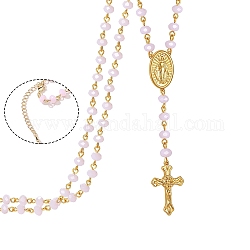 Glas-Rosenkranz-Perlen-Halskette, Halskette mit Kreuz- und Jesus-Anhänger aus goldenem Messing, rosa, 19.69 Zoll (50 cm)