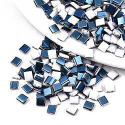 2-hole perline di vetro, mezzi colori metallici, quadrato, Blue Steel, 5x4.5~5.5x2~2.5mm, foro: 0.5~0.8mm, circa 1180pcs/scatola