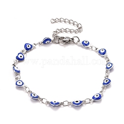Coeur en émail avec bracelet chaînes à maillons mauvais œil, 304 bijoux en acier inoxydable pour femme, couleur inoxydable, bleu, 6-7/8 pouce (17.5 cm)