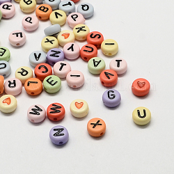 Colorful Acrylic Horizontal Hole Letter Beads, Flat Round with Letter, Mixed Color, 7x4mm, Hole: 1.3mm, about 3600pcs/500g