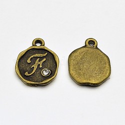 Antique Bronze Plated Alloy Rhinestone Charms, Flat Round with Letter.F, Nickel Free, 13x10x1.5mm, Hole: 1mm