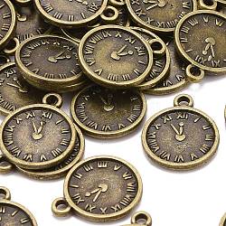 Zinc Alloy Pendants, Antique Clock & Flat Round Charms, Lead Free & Cadmium Free & Nickel Free, Antique Bronze, Size: about 16mm long, 13mm wide, 2mm thick, hole: 2mm