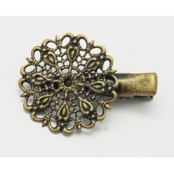 Iron Alligator Hair Clip Findings, with Brass Flower Tray, Antique Bronze, 25x35x10mm