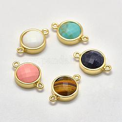 Gemstone Links connectors, with Brass Findings, Flat Round, Faceted, Golden, 19x12x5.5mm, Hole: 1mm