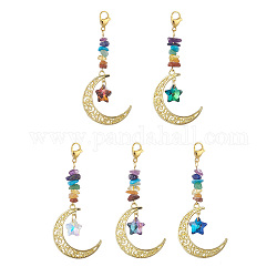 Alloy Moon Pendant Decorations, with Stainless Steel Lobster Claw Clasps and Gemstone Chip Bead, Glass Star, Mixed Color, 84mm