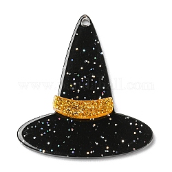 Colgantes de acrílico translúcido con tema de halloween, dijes de sombrero de bruja con purpurina, vara de oro, 40x35.5x4mm, agujero: 1.8 mm