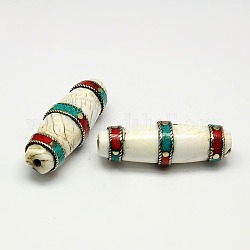 Handmade Tibetan Style Beads, Thai Sterling Silver with Turquois and Synthetic Coral, Barrel, Antique Silver, Colorful, 52x18mm, Hole: 3.5mm