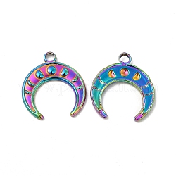 Ion Plating(IP) 304 Stainless Steel Pendants, Double Horn/Crescent Moon Charm, Rainbow Color, 22.5x20.5x2mm, Hole: 2.7mm
