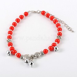 Trendy Painted Glass Beads Anklets, with Brass Bell Charms, Tibetan Style Findings and Zinc Alloy Lobster Claw Clasps, Red, 235mm