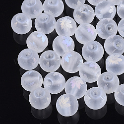 Tema de otoño electrochapa perlas de vidrio transparente, esmerilado, redondo con patrón de hoja de arce, claro ab, 8~8.5mm, agujero: 1.5 mm