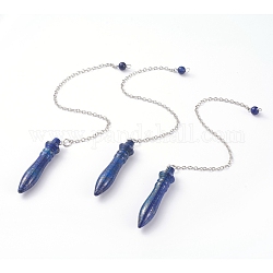 Pendules de radiesthésie pointus en lapis lazuli naturel, avec des chaînes de câble en laiton, balle, 238~255mm, Trou: 2.5mm, pendentifs: 53x12 mm