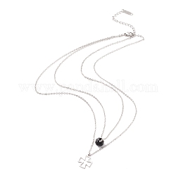 304 Edelstahlhalsketten, doppellagige Halsketten mit Porzellanglasperle und Kreuzanhänger, Platin Farbe, 38.3 cm