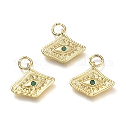 Brass Micro Pave Cubic Zirconia Pendants, with Jump Rings, Diamond with Evil Eye, Real 18K Gold Plated, Dark Green, 13x15x2mm, Hole: 3.6mm