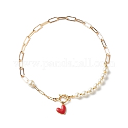 Colliers de perles en verre, avec 304 chaînes trombone en acier inoxydable et breloques cœur, or, rouge, 16.73 pouce (42.5 cm)