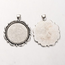 Tibetan Style Alloy Flower Pendant Cabochon Settings, Cadmium Free & Lead Free, with Flat Round Tray, Antique Silver, 46x38x2mm, Hole: 5x7mm, Tray: 30mm, about 121pcs/kg