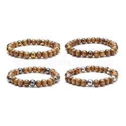 Natural Wood & Synthetic Hematite Round Beaded Stretch Bracelet for Women, Mixed Color, Inner Diameter: 2-1/4 inch(5.55cm)