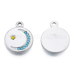 304 Stainless Steel Pendants, with Rhinestone, Flat Round with Moon & Star, Stainless Steel Color, 19x15.5x2.5mm, Hole: 1.6mm